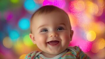 Joyful baby laughing against a vibrant, colorful bokeh background, capturing a playful and cheerful mood with bright lighting. photo