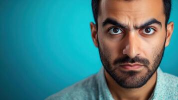 Close-up portrait of an angry man with a deeply furrowed brow and intense expression, glaring directly at the camera, set against a blue background. photo