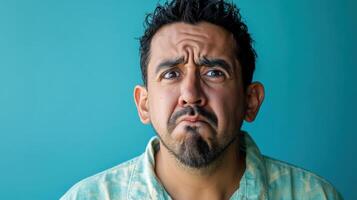 Close-up portrait of an angry man with a deeply furrowed brow and intense expression, glaring directly at the camera, set against a blue background. photo