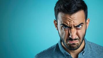 Close-up portrait of an angry man with a deeply furrowed brow and intense expression, glaring directly at the camera, set against a blue background. photo