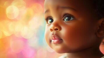 Joyful baby laughing against a vibrant, colorful bokeh background, capturing a playful and cheerful mood with bright lighting. photo