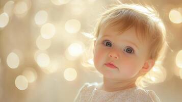 Happy baby smiling against a warm, golden bokeh background, creating a soft and joyful atmosphere. photo