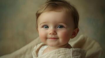 Happy baby smiling against a warm, golden bokeh background, creating a soft and joyful atmosphere. photo