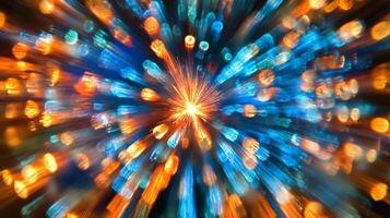 A dynamic burst of blue and orange light beams, creating a vibrant, abstract display of motion and energy. photo