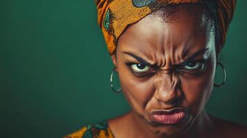 Close-up of an angry woman with a deeply furrowed brow and intense expression, wearing a colorful headscarf, set against a dark green background. photo