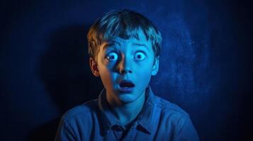 Portrait of a young Caucasian boy expressing exaggerated fear with wide eyes, set against a dark blue background and dramatic lighting, wearing a casual shirt. photo
