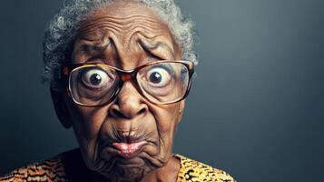 Portrait of an elderly African woman with a wrinkled face and glasses, showing exaggerated confusion against a gray background with soft lighting. photo
