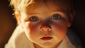 Happy baby smiling against a warm, golden bokeh background, creating a soft and joyful atmosphere. photo