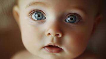 Happy baby smiling against a warm, golden bokeh background, creating a soft and joyful atmosphere. photo