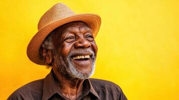 An elderly man joyfully laughing while wearing a straw hat, standing against a bright yellow background, radiating happiness and warmth. photo