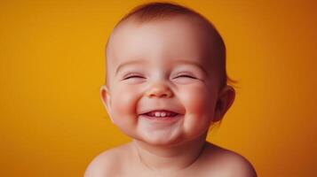 Happy baby smiling against a warm, golden bokeh background, creating a soft and joyful atmosphere. photo