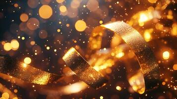 A sparkling gold and silver ribbon twists gracefully against a backdrop of warm bokeh lights, creating an elegant and festive holiday scene. photo