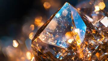 Zircon crystal with deep purple tones and glowing orange highlights in focus photo