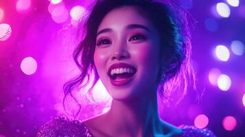 A woman laughing with joy, illuminated by vivid neon lights in purple and pink hues, creating a vibrant, energetic atmosphere. photo