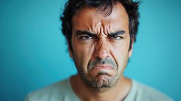 Close-up portrait of an angry man with a deeply furrowed brow and intense expression, glaring directly at the camera, set against a blue background. photo