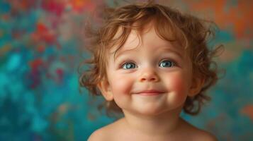 Joyful baby laughing against a vibrant, colorful bokeh background, capturing a playful and cheerful mood with bright lighting. photo