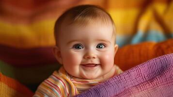 Joyful baby laughing against a vibrant, colorful bokeh background, capturing a playful and cheerful mood with bright lighting. photo