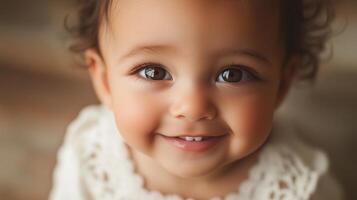 Happy baby smiling against a warm, golden bokeh background, creating a soft and joyful atmosphere. photo