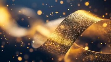 A sparkling gold and silver ribbon twists gracefully against a backdrop of warm bokeh lights, creating an elegant and festive holiday scene. photo