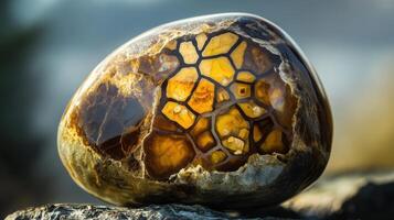 Detailed view of septarian stone showcasing yellow and brown textures photo