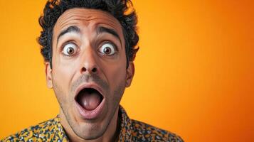 Close-up portrait of a surprised man with wide eyes and open mouth, expressing shock or amazement, set against a bright orange background. photo