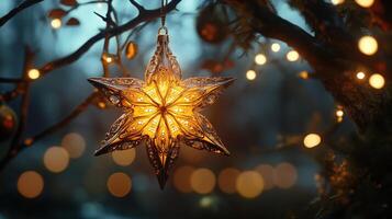 A glowing star-shaped ornament hangs on a tree branch, surrounded by soft bokeh lights, creating a peaceful winter scene. photo