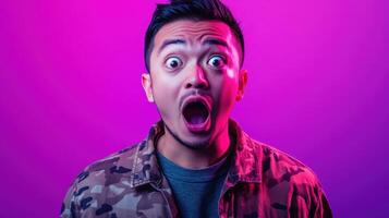 Close-up of a young man with a shocked, wide-eyed expression, illuminated by colorful lighting against a purple background. photo