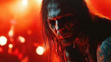 de cerca de un metalero con largo pelo a un En Vivo concierto, con un etapa y dramático Encendiendo en el antecedentes. foto