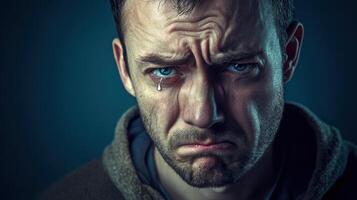 Close-up of a sad man with a furrowed brow and a tear rolling down his face, conveying deep emotion and sorrow against a dark background. photo