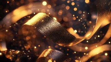 A shimmering golden ribbon sparkles against a backdrop of warm, glowing lights, evoking a festive and celebratory atmosphere. photo