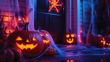 Halloween porch decorated with glowing Jack-O'-Lanterns, cobwebs, and spooky lighting, creating a haunting atmosphere perfect for trick-or-treat night. photo