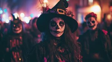 Crowd dressed in skeleton costumes during a nighttime Halloween parade, holding glowing lanterns and creating a spooky festive atmosphere. photo