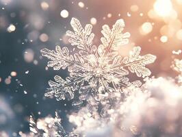 A delicate crystal snowflake ornament sparkles in soft, warm light, surrounded by shimmering ice crystals, creating a peaceful winter scene. photo