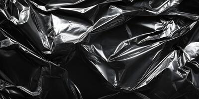 A close-up of crumpled metallic foil in a shiny silver color, creating a textured surface with reflective highlights and abstract folds. photo