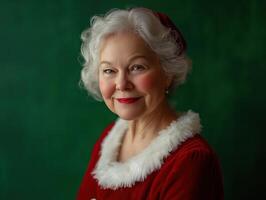 Weihnachtsfrau or Mrs. Claus with a gentle smile wears a red dress with white fur trim, posing against a bright green background photo