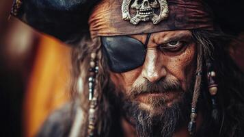 A rugged pirate with an eyepatch stands against a sea background, blending natural and mixed lighting for a dramatic, modern street style look. photo