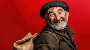 Olentzero with a warm smile, wearing a traditional Basque beret and a sooty face, holding a sack of gifts, standing against a bright red background photo