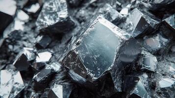 Polished hematite gemstone with metallic sheen and sharp crystal edges. photo