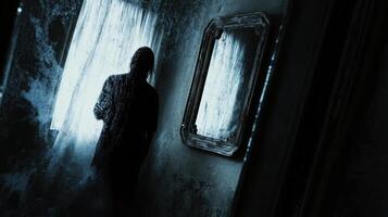 Phantom figure appears in a mirror, creating a haunting scene. photo