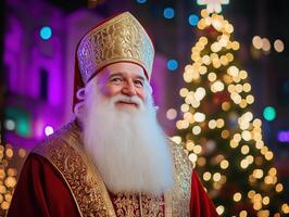A joyful Saint Nicholas with a long white beard, dressed in a golden robe with red trim, standing in front of a brightly lit Christmas tree, set against a festive purple background. photo