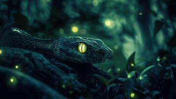 Green wooden snake with emerald eyes on a dark background. photo