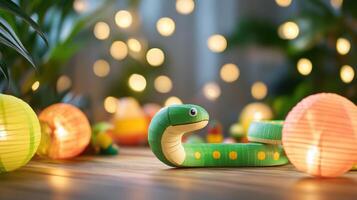 Adorable green snake with colorful patterns, handcrafted for children's enjoyment. photo