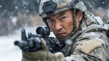 A male soldier stands in a snowy battlefield, holding a rifle and wearing tactical gear, portraying readiness and determination in harsh conditions. photo