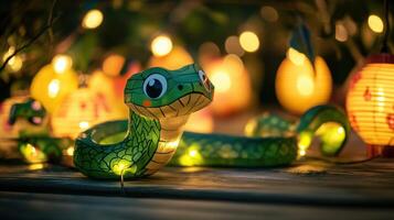 Adorable green snake with colorful patterns, handcrafted for children's enjoyment. photo