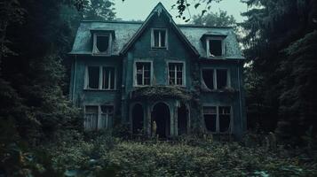 Creepy haunted house with broken windows and overgrown plants photo