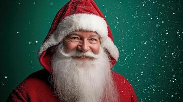 Pere Noel with a joyful smile and a long white beard, dressed in a red hooded cloak with white fur trim, standing against a vibrant green background. photo
