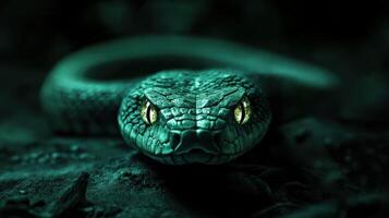 Mystical green wooden snake with glowing eyes, creating a sense of mystery. photo