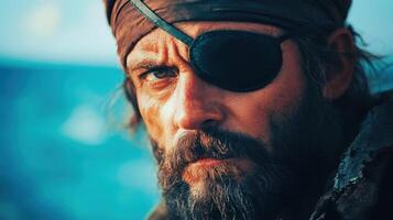 A rugged pirate with an eyepatch stands against a sea background, blending natural and mixed lighting for a dramatic, modern street style look. photo