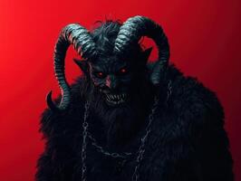 A terrifying Krampus with twisted horns and a menacing grin, dressed in a dark fur coat with chains, stands against a stark red background, embodying Christmas folklore's darker side. photo