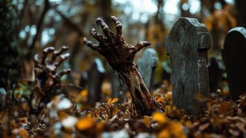 Zombie Hand Emerging from Grave in Cemetery photo